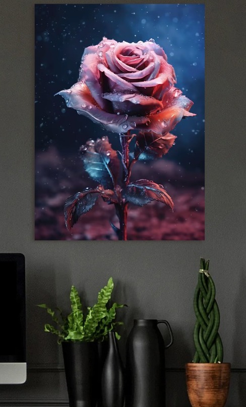 Dew-Kissed Rose in Moody Lighting — metal poster wall art by Lineer